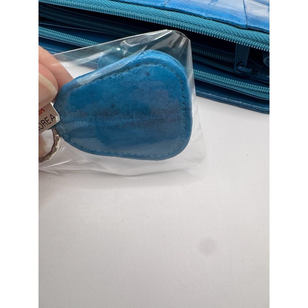 Eel Skin Leather Wallet Turquoise Blue Organizer Clutch + Keychain Vintage Teal - Picture 14 of 15